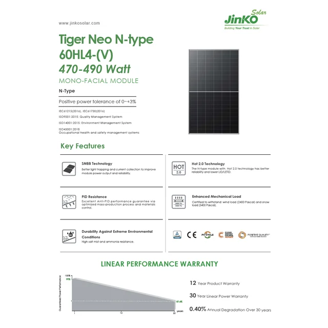 Photovoltaic module JinkoSolar JKM480N-60HL4-V 480W 1500V Black