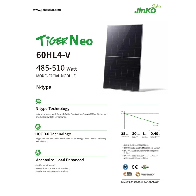 Photovoltaic module PV panel 485Wp Jinko Solar JKM485N-60HL4-V BF Tiger Neo N-Type Monofacial Half Cut BF Black Frame