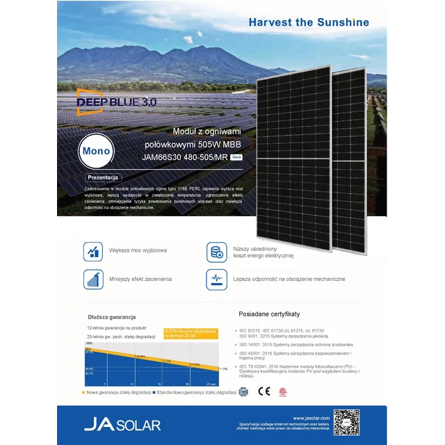 Photovoltaic module PV panel 505Wp Ja Solar JAM66S30-505/MR_BF Deep Blue 3.0 Black Frame Black Frame