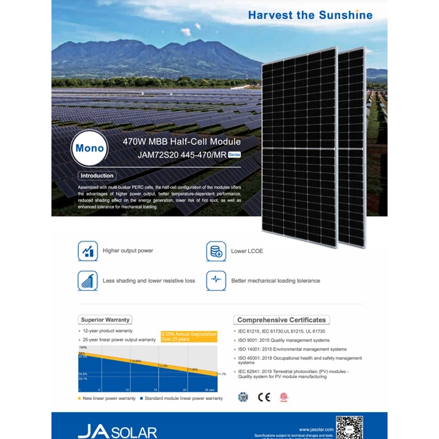 Photovoltaic Panel Ja Solar 460W JAM72S20-460/MR HALF CELL JASolar 460 W