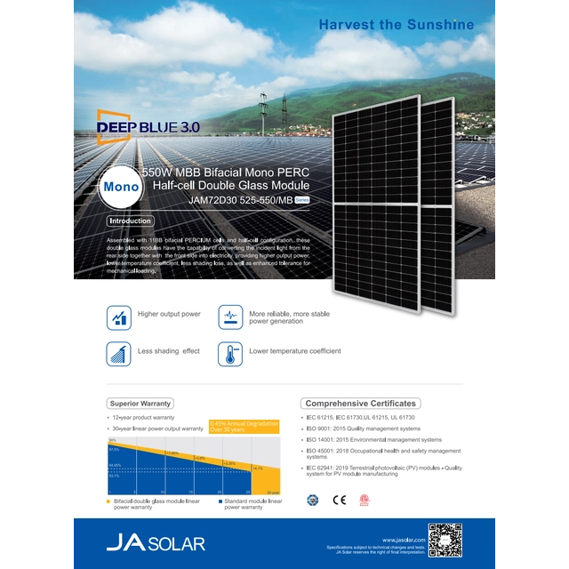 Photovoltaic Panel Ja Solar 550W JAM72D30 550/MB Bifacial