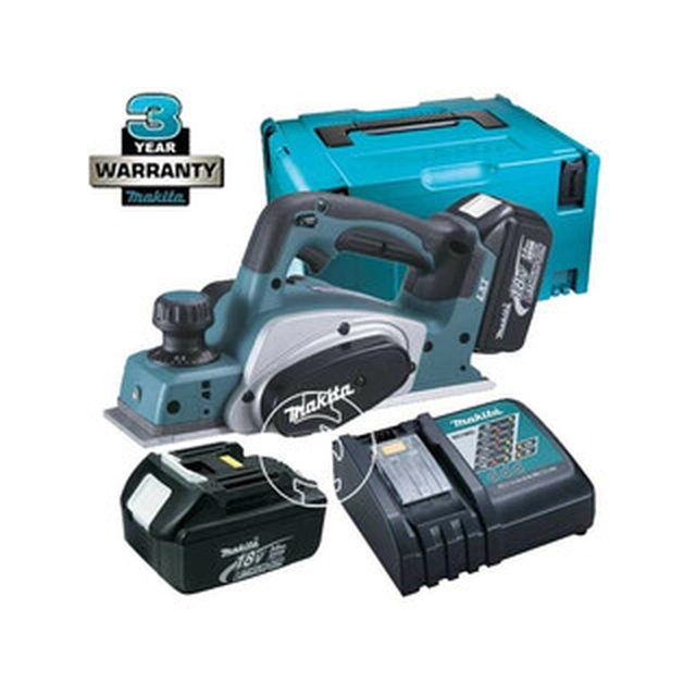 Pialla a batteria Makita DKP180RFJ 18 V | 82 mm | Spazzola di carbone | Batteria 2 x 3 Ah + caricabatteria | nel MakPac