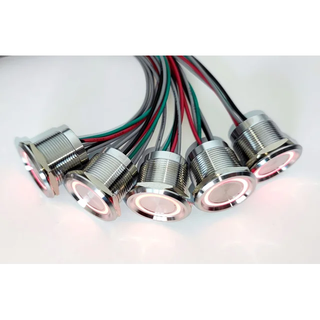 Piezoelektrisk knap med retur BVA PS-0619, rød eller grøn LED, 22 mm, rustfrit stål AISI 316, vandalsikker, konkav, nedsænkelig, 3-24 V d.c.