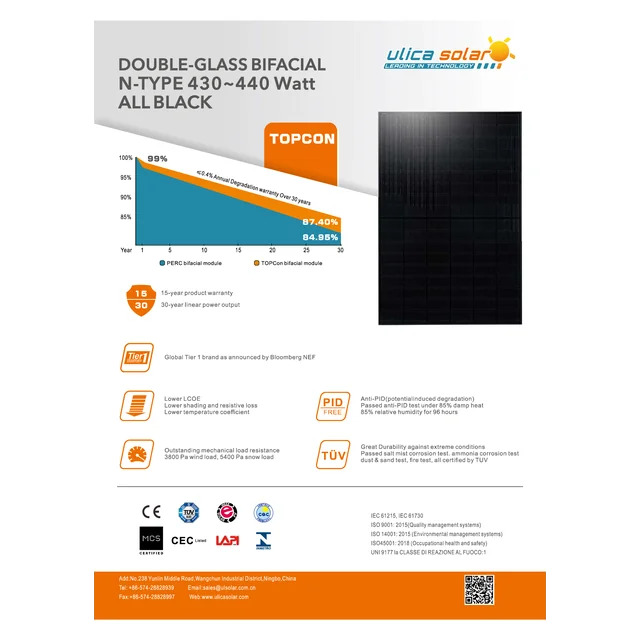 Pilnīgi melns bifacial Ulica UL-430M-108DGN