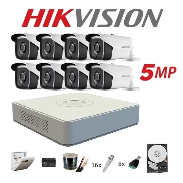 Pilns komplekts 8 āra novērošanas kameras 5MP TURBOHD HIKVISION 40 m IR, piederumi+cietais 2TB