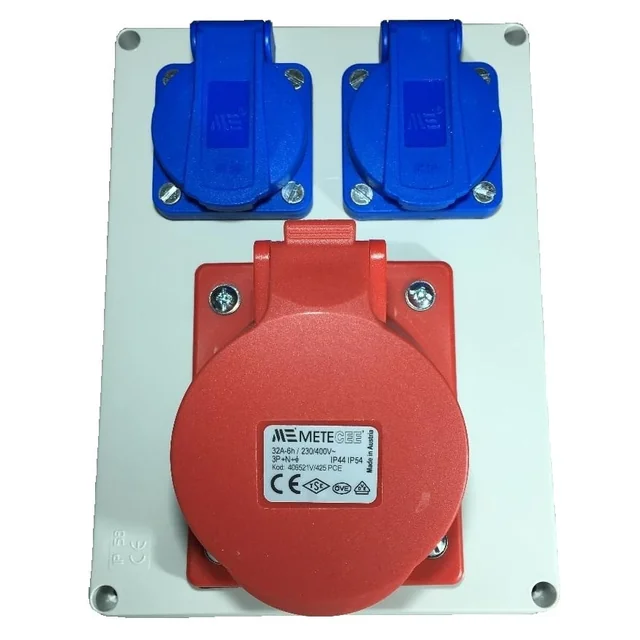 Plastic panel equipped 1 outlet 5 poly 16A and 2 single-phase outlets 16A 190x140mm site organization IP44