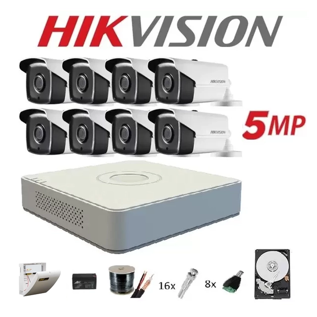 Пълен комплект 8 камери за външно наблюдение 5MP TURBOHD HIKVISION 40 m IR, аксесоари+твърди 2TB