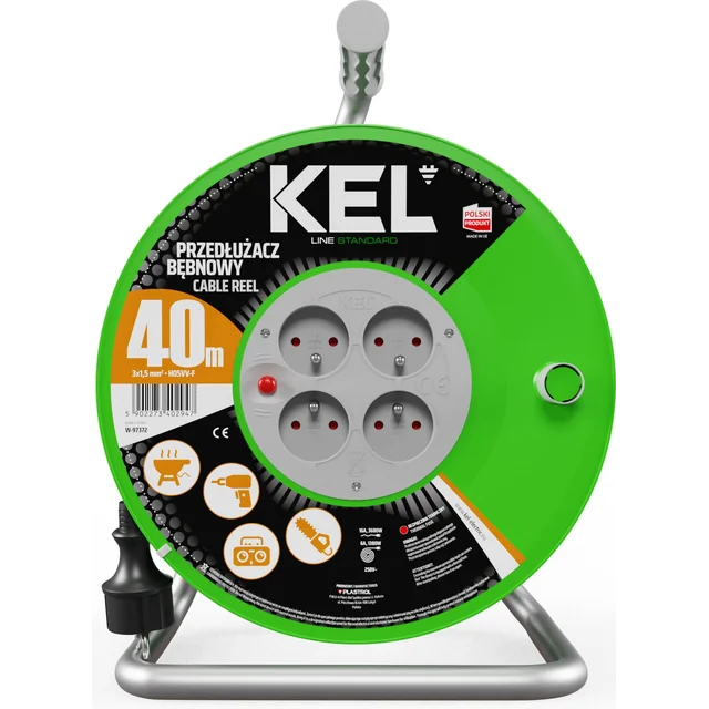 Подовжувач барабана KEL STANDARD LINE, 4x2p+Z, 16A, 3680W, H05VV-F, 3x1,5; 40m, чорний (W-97372)