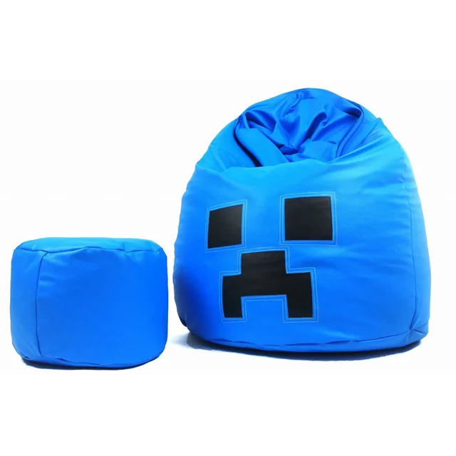 Pouf Fauteuil XXL Bleu Smiley avec repose-pieds