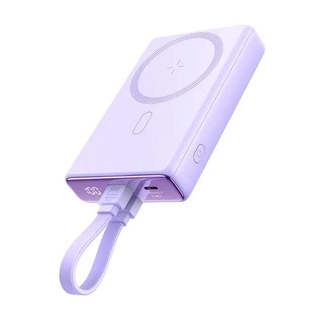 Powerbank magnético 10000mAh 20W com suporte + cabo Lightning - USB-C roxo