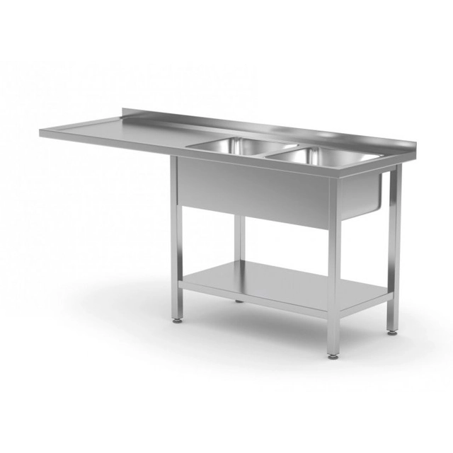 Pöytä, jossa kaksi pesuallasta, hylly ja tila astianpesukoneelle tai jääkaapin puolelle - lokerot oikealla puolella 2400 x 600 x 850 mm POLGAST 241246-P 241246-P