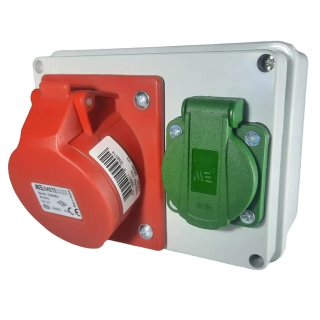 Pre-wired box equipped with 1 5 poly socket 3P+N+E 32A 400V and 1 schuko socket 16A 230V IP44 150x110mm