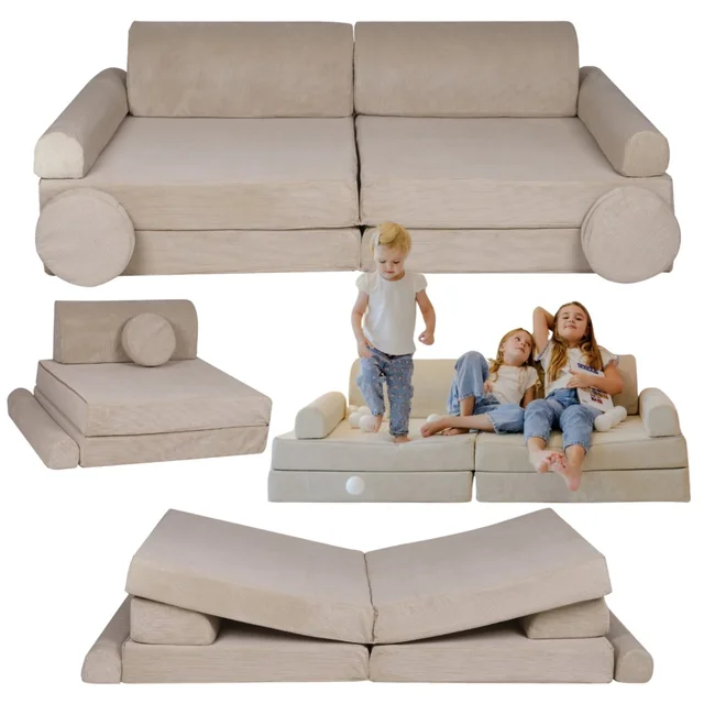 Premium Corduroy Children's Sofa Convertible Seat Play Area Beige