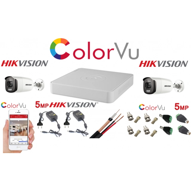 Profesionali stebėjimo sistema Hikvision Color Vu 2 kameros 5MP IR40m DVR 4 kanalai visi priedai