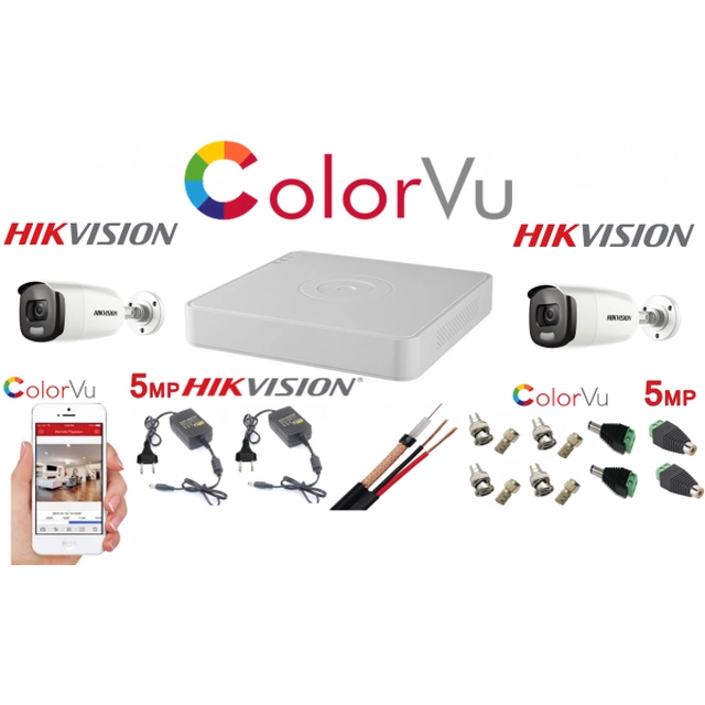Професионална система за наблюдение Hikvision Color Vu 2 камери 5MP IR40m DVR 4 канали пълни аксесоари
