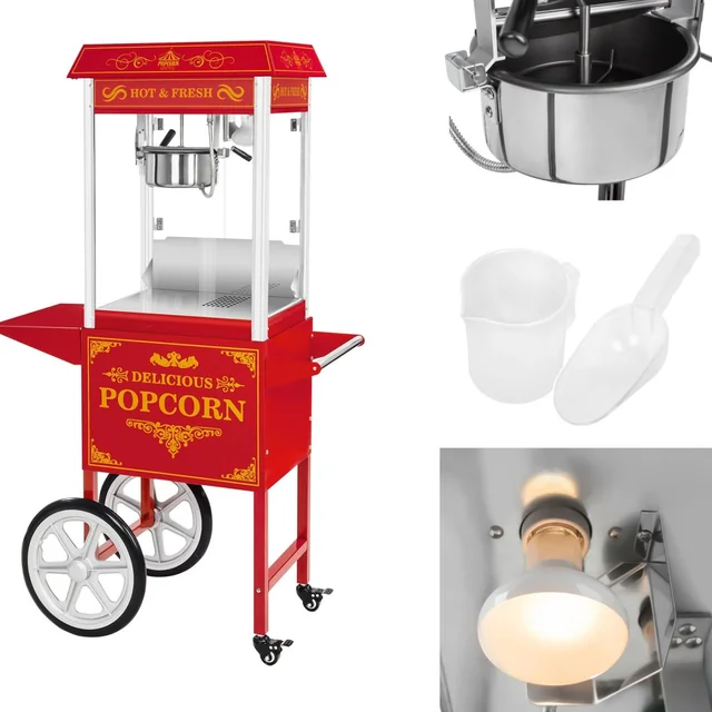 Professional, efficient mobile popcorn machine on a trolley 230V 1.5kW red