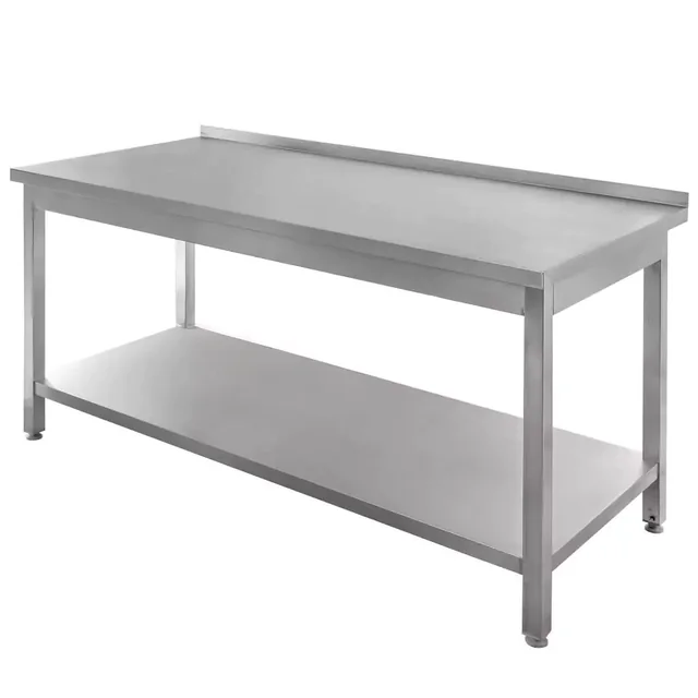 Professionelt cateringbord med hylde og kant i rustfrit stål 180x70x85