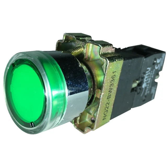 Pulsador verde iluminado con retorno para cuadros eléctricos 1NO 6A 1W 230V