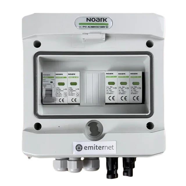 PV-kytkintaulun liitäntäHermeettinen DCAC IP65 EMITER DC ylijännitesuojalla Noark 1000V tyyppi 1+2, 1 x PV-merkkijono, 1 x MPPT // raja.AC Noark-tyyppi 1+2, 16A 1-F