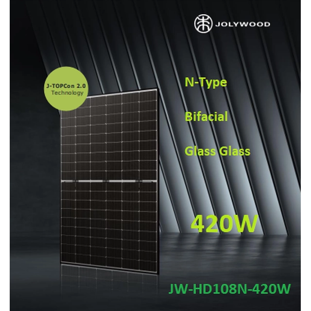 PV modul 420W JOLYWOOD JW-HD108N-420 N-típusú, bifacial, üvegüveg, fekete keret