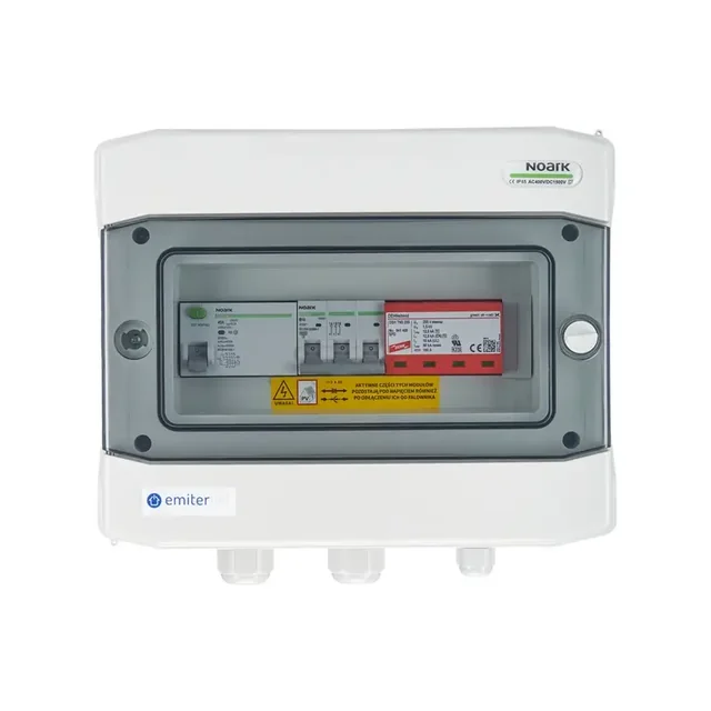 PV switchboard connectionAC hermetic IP65 EMITER with AC surge arrester Dehn type 1+2, 10A 3-F, RCD type A 40A/300mA