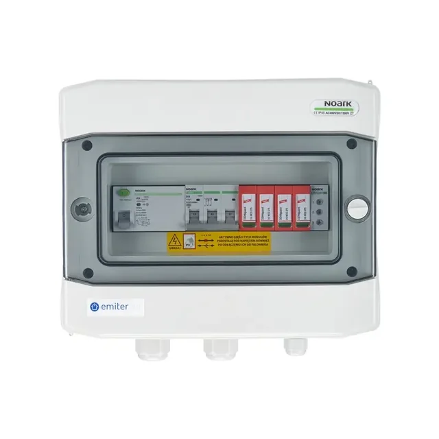 PV switchboard connectionAC hermetic IP65 EMITER with AC surge arrester Dehn type 2, 16A 3-F, RCD type A 40A/300mA, phase sys.