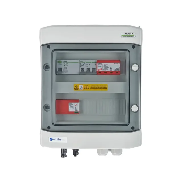 PV switchboard connectionDCAC hermetic IP65 EMITER with DC surge arrester Dehn 1000V type 1+2, 1 x PV chain, 1 x MPPT // limit.AC Dehn type 1+2, 10A 3-F, RCD type A 40A/300mA