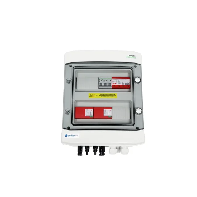 PV switchboard connectionDCAC hermetic IP65 EMITER with DC surge arrester Dehn 1000V type 1+2, 2 x PV chain, 2 x MPPT // limit.AC Dehn type 1+2, 20A 3-F