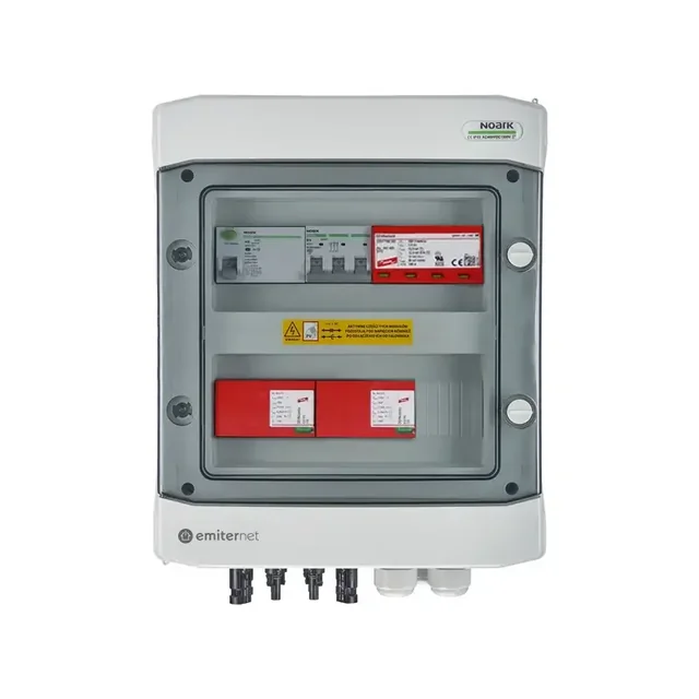 PV switchboard connectionDCAC hermetic IP65 EMITER with DC surge arrester Dehn 1000V type 1+2, 2 x PV chain, 2 x MPPT // limit.AC Dehn type 1+2, 20A 3-F, RCD type A 40A/100mA