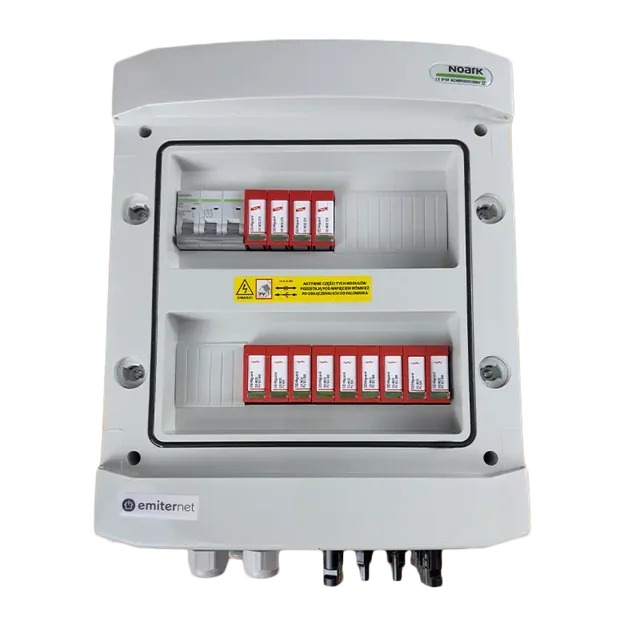 PV switchboard connectionDCAC hermetic IP65 EMITER with DC surge arrester Dehn 1000V type 1+2, 3 x PV chain, 3 x MPPT // limit.AC Dehn type 1+2, 63A 3-F, RCD type A 63A/300mA