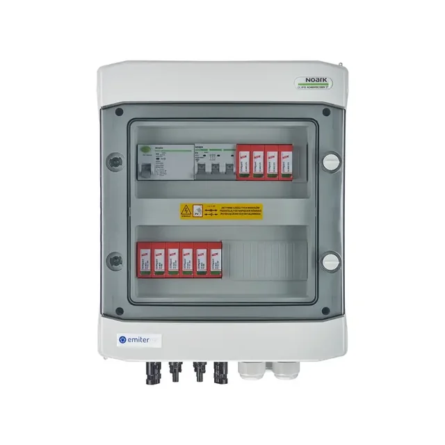PV switchboard connectionDCAC hermetic IP65 EMITER with DC surge arrester Dehn 1000V type 2, 2 x PV chain, 2 x MPPT // limit.AC Dehn type 2, 16A 3-F, RCD type A 40A/300mA