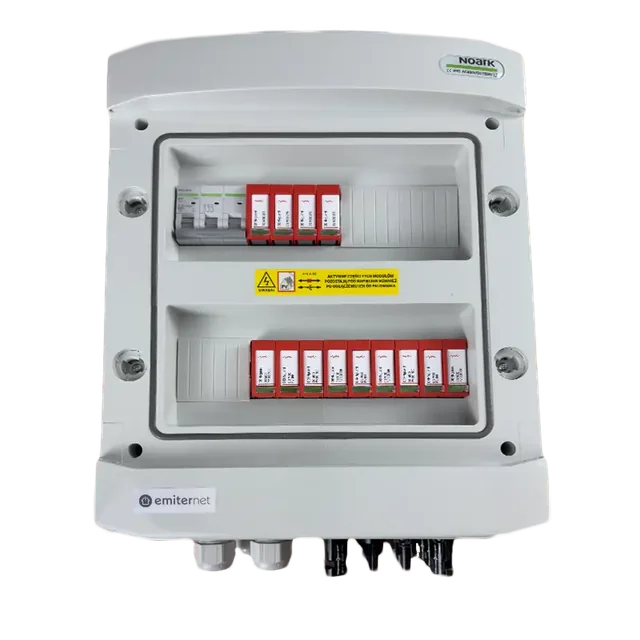 PV switchboard connectionDCAC hermetic IP65 EMITER with DC surge arrester Dehn 1000V type 2, 2 x PV chain, 2 x MPPT // limit.AC Dehn type 2, 25A 3-F, RCD type A 40A/300mA