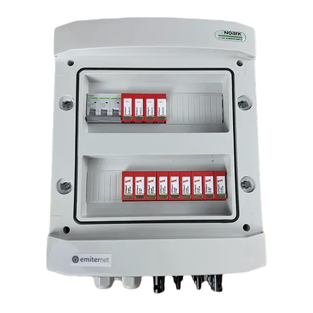 PV switchboard connectionDCAC hermetic IP65 EMITER with DC surge arrester Dehn 1000V type 2, 3 x PV chain, 3 x MPPT // limit.AC Dehn type 2, 32A 3-F