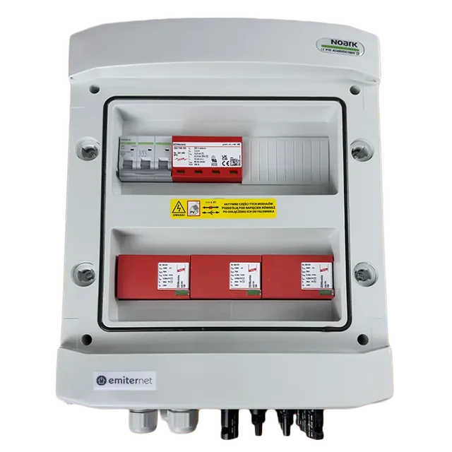 PV switchboard connectionDCAC hermetic IP65 EMITER with DC surge arrester Dehn 1000V type 2, 3 x PV chain, 3 x MPPT // limit.AC Dehn type 2, 63A 3-F, RCD type A 63A/300mA