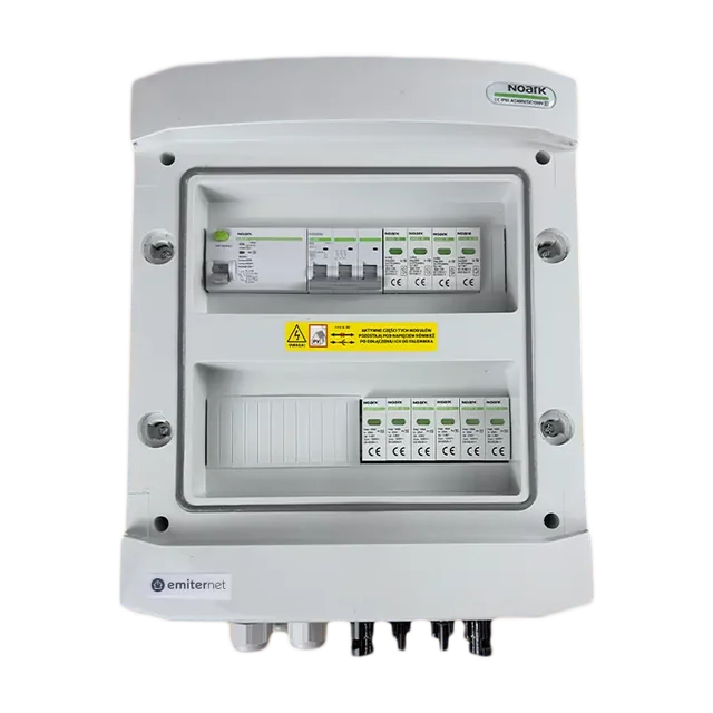 PV switchboard connectionDCAC hermetic IP65 EMITER with DC surge arrester Noark 1000V type 1+2, 2 x PV chain, 2 x MPPT // limit.AC Noark type 1+2, 20A 3-F, RCD type A 40A/100mA