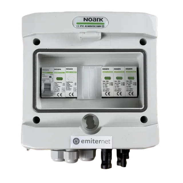 PV switchboard connectionDCAC hermetic IP65 EMITER with DC surge arrester Noark 1000V type 2, 1 x PV chain, 1 x MPPT // limit.AC Noark type 2, 20A 1-F