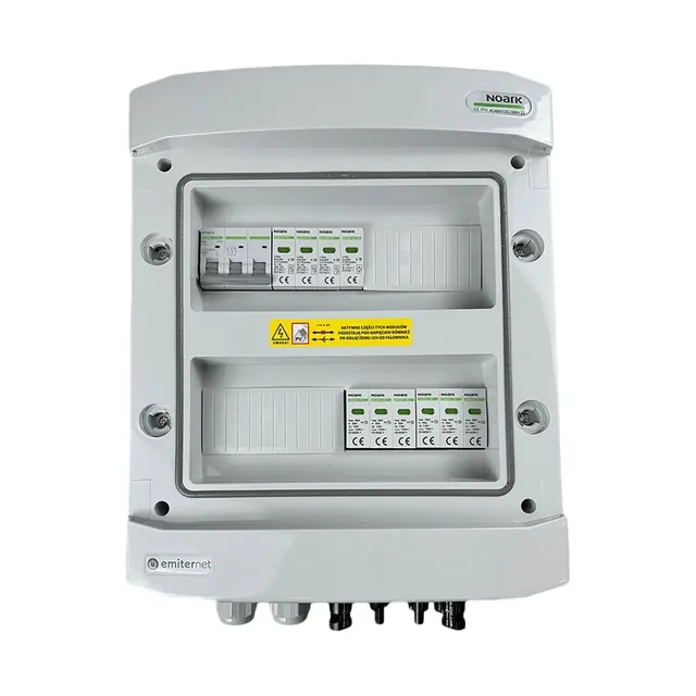 PV switchboard connectionDCAC hermetic IP65 EMITER with DC surge arrester Noark 1000V type 2, 2 x PV chain, 2 x MPPT // limit.AC Dehn type 2, 20A 3-F