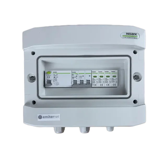 PV switchboard connectionDCAC hermetic IP65 EMITER with DC surge arrester Noark 1000V type 2, 2 x PV chain, 2 x MPPT // limit.AC Noark type 2, 16A 1-F