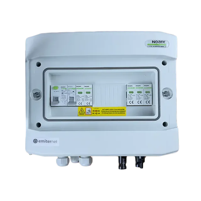 PV switchboard connectionDCAC hermetic IP65 EMITER with DC surge arrester Noark 1000V type 2, 2 x PV chain, 2 x MPPT // limit.AC Noark type 2, 20A 1-F