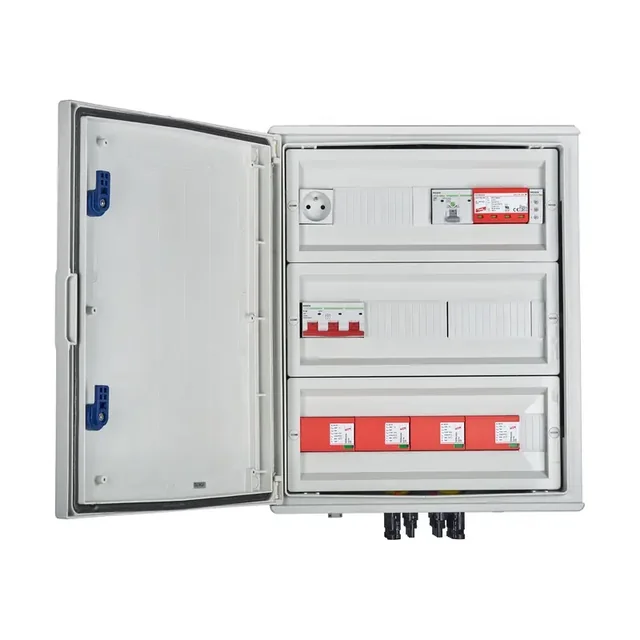 PV switchboard connectionDCAC hermetic IP66 EMITER with DC surge arrester Dehn 1000V type 1+2, 4 x PV chain, 4 x MPPT // limit.AC Dehn type 1+2, 100A 3-F, FR 100A, phase signal + socket