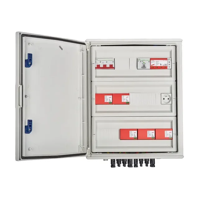 PV switchboard connectionDCAC hermetic IP66 EMITER with DC surge arrester Dehn 1000V type 1+2, 5 x PV chain, 5 x MPPT // limit.AC Dehn type 1+2, 100A 3-F, FR 100A, phase signal + socket