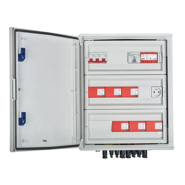 PV switchboard connectionDCAC hermetic IP66 EMITER with DC surge arrester Dehn 1000V type 1+2, 6 x PV chain, 6 x MPPT // limit.AC Dehn type 1+2, 100A 3-F, FR 100A, phase signal + socket