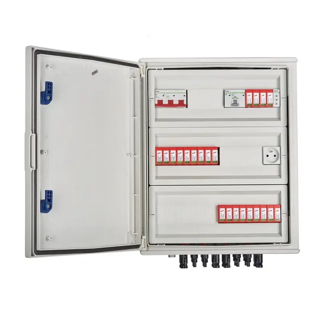 PV switchboard connectionDCAC hermetic IP66 EMITER with DC surge arrester Dehn 1000V type 2, 6 x PV chain, 6 x MPPT // limit.AC Dehn type 2, 100A 3-F, FR 100A, phase signal + socket