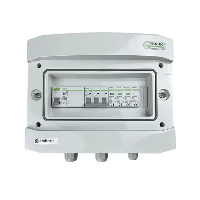 PV tavle tilslutningAC hermetisk IP65 EMITER med AC overspændingsafleder Noark type 1+2, 40A 3-F, RCD type A 63A/300mA