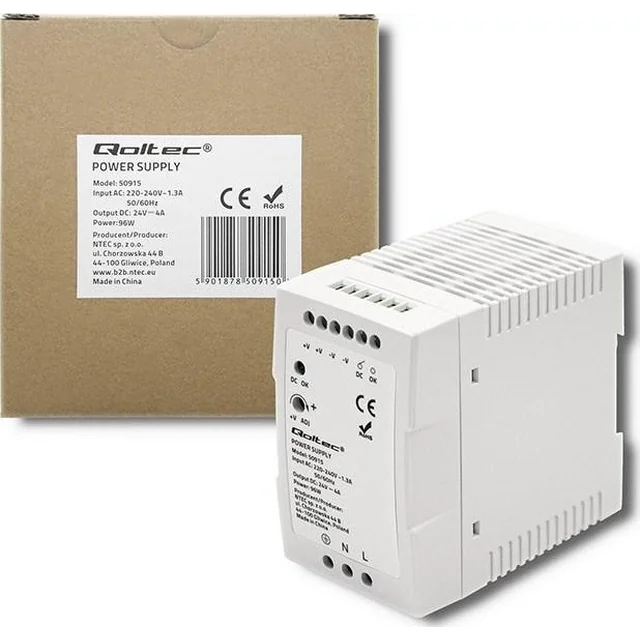 Qoltec DIN-Schienen-Netzteil | 96W | 24V | 4A | Weiß | Schlank