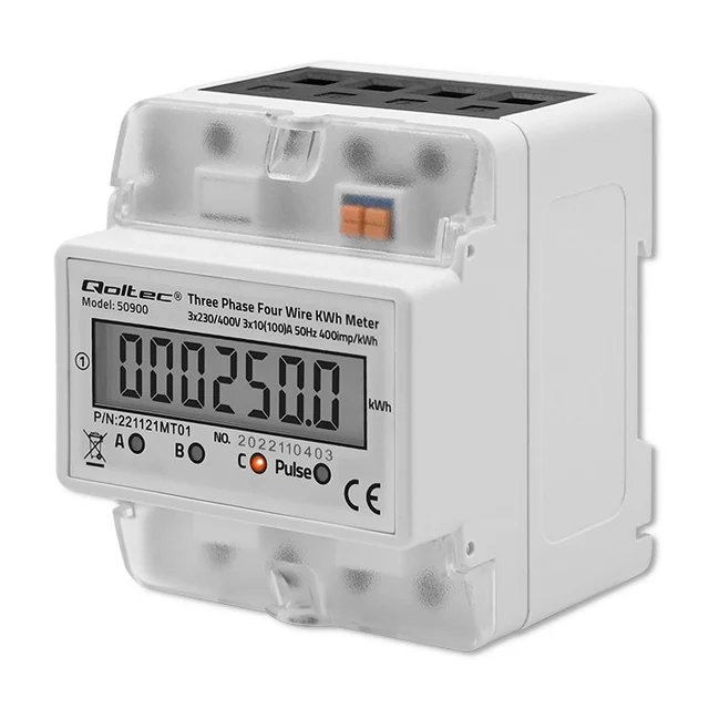 QOLTEC THREE-PHASE ENERGY CONSUMPTION METER FOR DIN RAIL | 230V | LCD | 4P