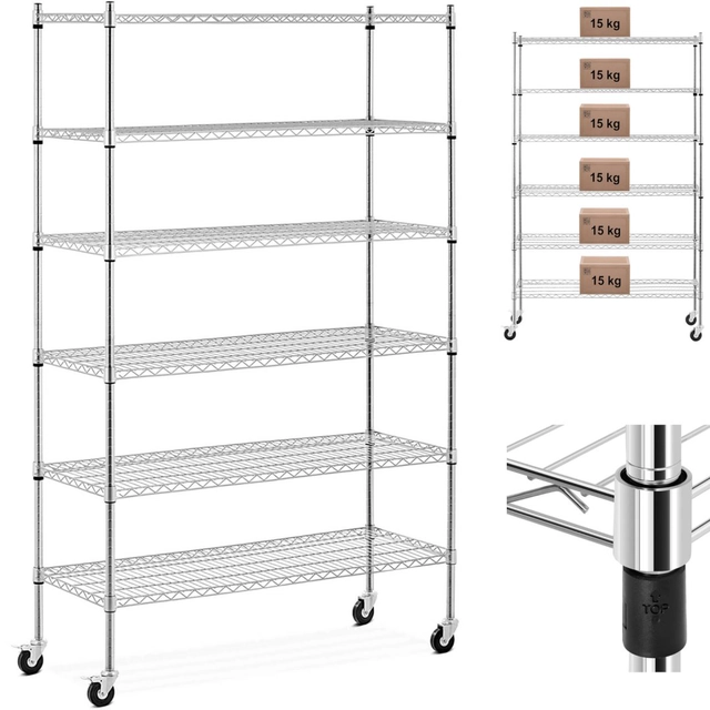 Rack de arame aberto sobre rodas 6 prateleiras até 90 kg 120x45x189 cm