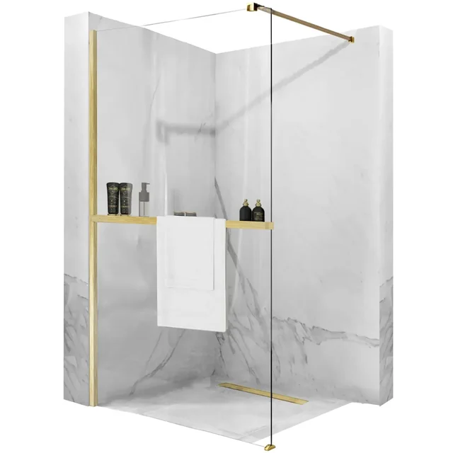 Rea Aero Gold Brushed N 100 Walk In shower wall with shelf and Evo hanger