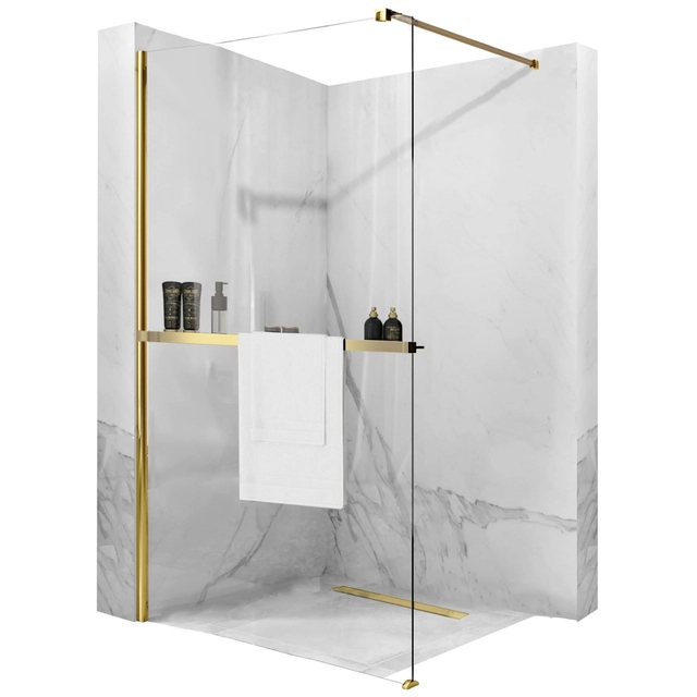 Rea Aero Gold N 90 Walk In shower wall with shelf and Evo hanger