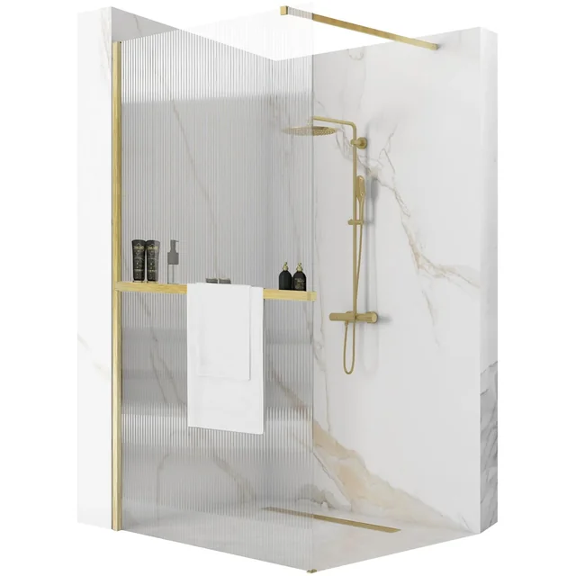 Rea Aero Intimo Gold Brushed N 100 Walk In shower wall with shelf and Evo hanger